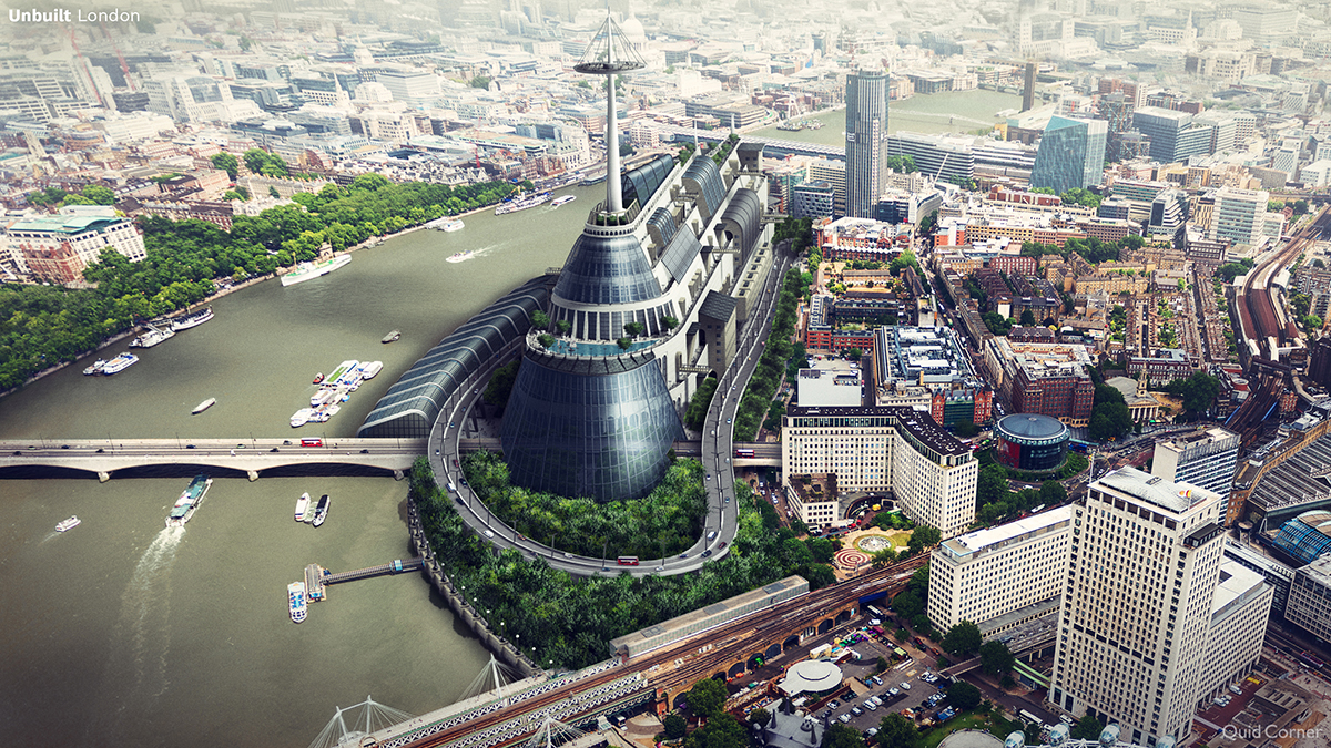 a skyline of London unbuilt structures on the river