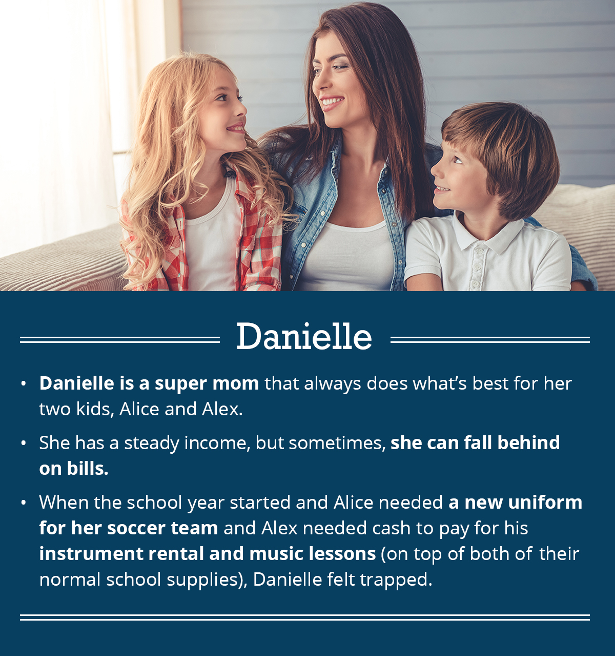 A debt consolidation example featuring a mother and two children