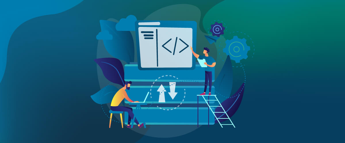 Vector Image with Two Figures Working at Computer Stations