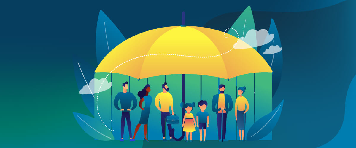 Vector Image with Large Umbrella Covering People from Various Ethnicities and Socioeconomic Backgrounds