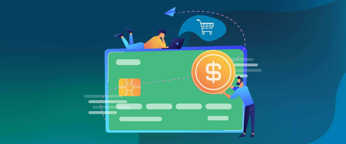 Vector Image with Large Credit Card and Two Figures Shopping