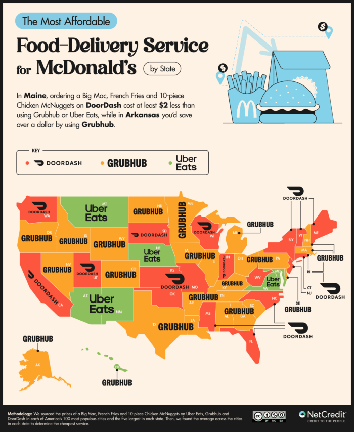 U.S. map showing the most affordable food delivery for McDonalds in every state
