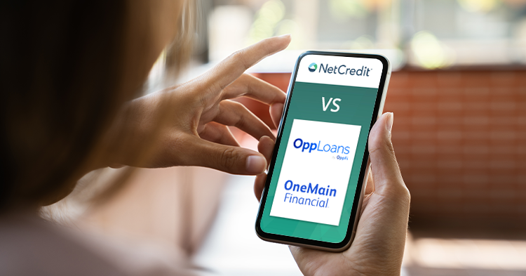 NetCredit, OppLoans and OneMain Financial logos are shown on a mobile phone.